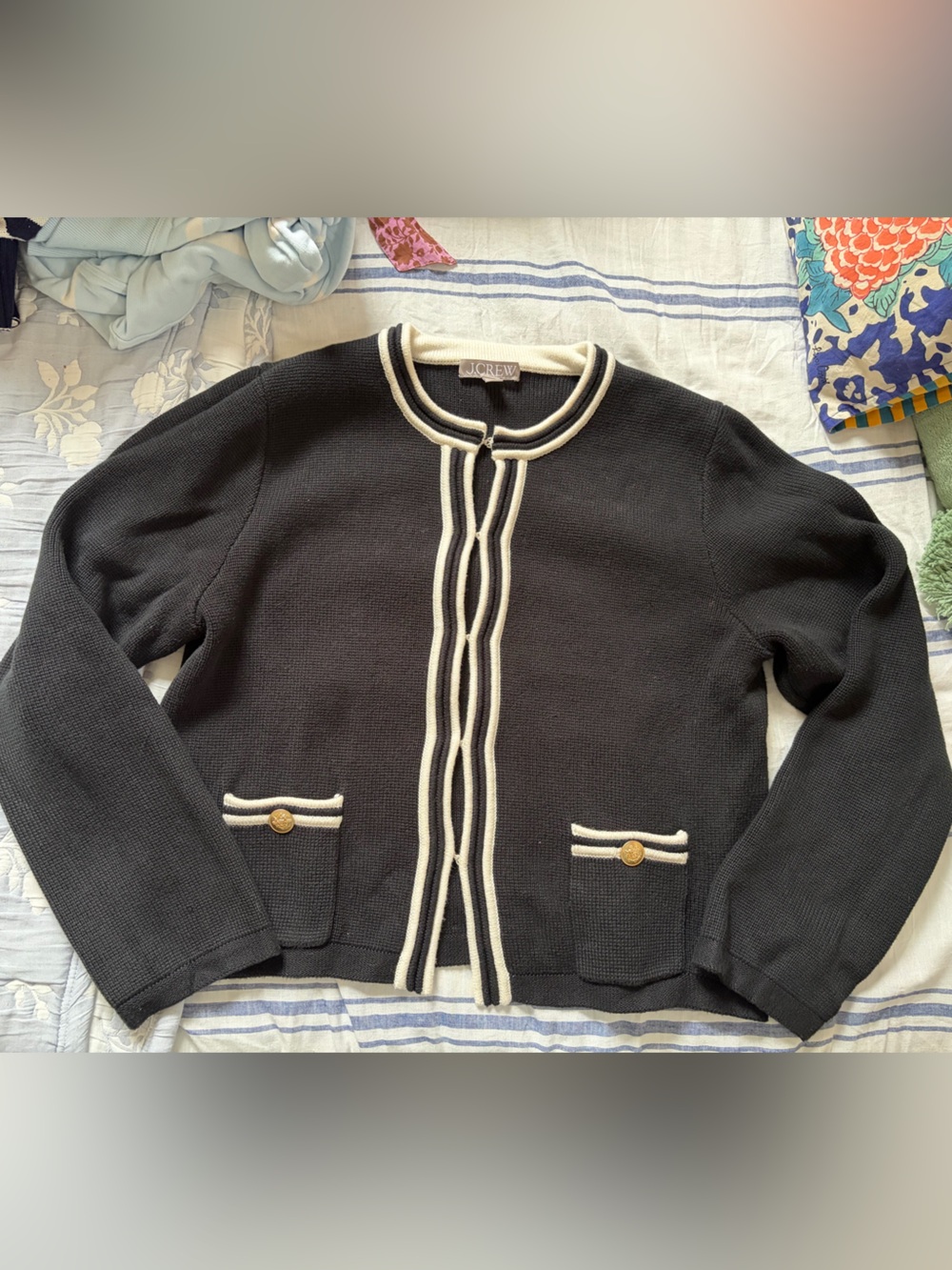 J. Crew Women's Black Knit Cardigan with Cream Trim